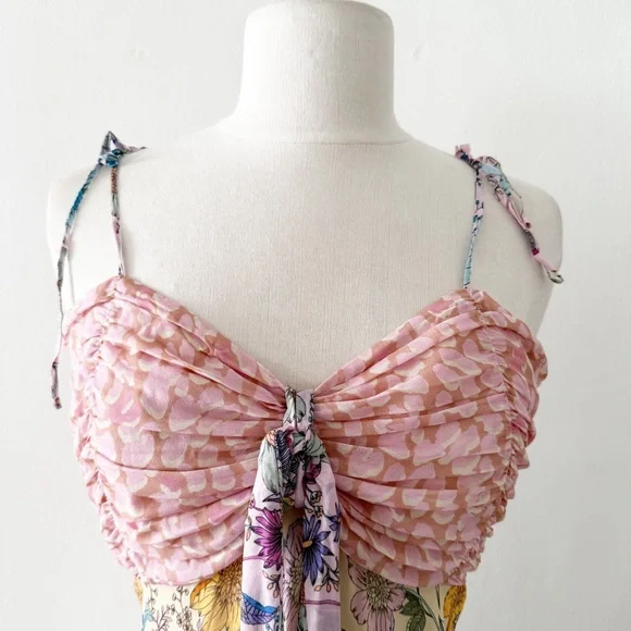 Hale Bob Floral Tie Front Tie Straps Babydoll Cami Blouse Top Size XL - Picture 2 of 6